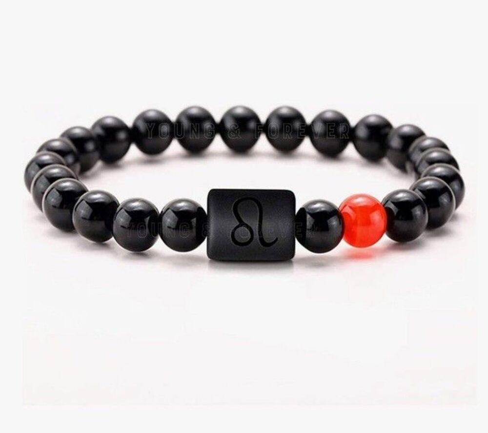 Unisex Leo Onyx Beaded Stretch Bracelet - Fire Element - Natural Healing Stone